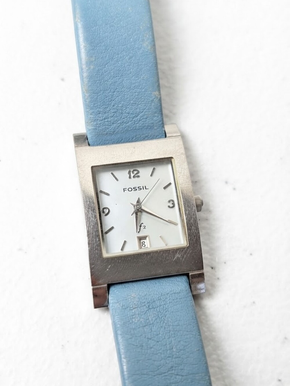 Fossil F2 Women's Rectangular Tank Watch Blue Leather Strap ES-9756